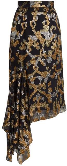 Asymmetric fil coupé silk-blend midi skirt
