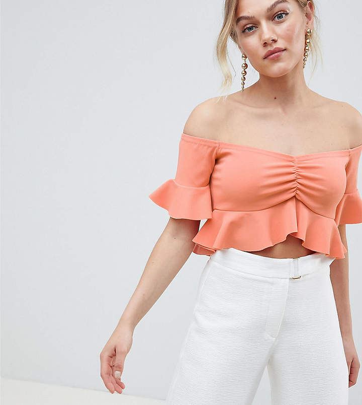 DESIGN Petite Off Shoulder Crop Top With Fluted Sleeve In Crepe