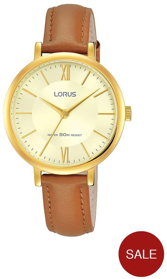 Womens Yellow Gold Case, Tan Leather Strap Watch