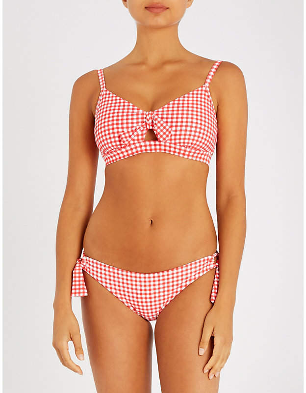 Knot-front gingham-print bikini top