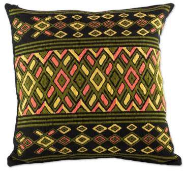 Dusk Geometry Handwoven Multicolored Cotton Pillow Case from Guatemala
