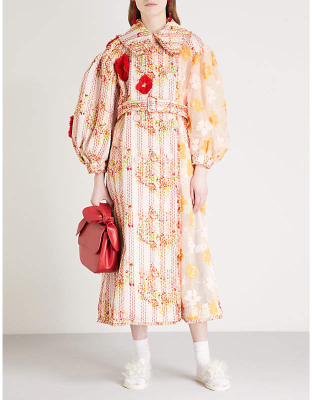 Patchwork embroidered belted woven coat