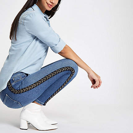Womens Mid Blue Molly embellished tape jeggings