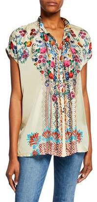 Johnny Was Cali Button-Front Cap-Sleeve Silk Twill Blouse