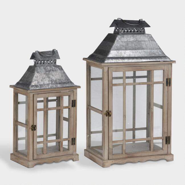 Wood and Glass Window Scape Lanterns Set of 2