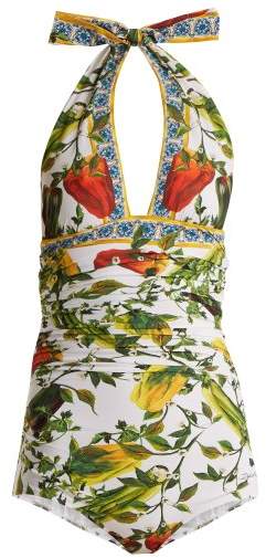 Halterneck ruched floral-print swimsuit