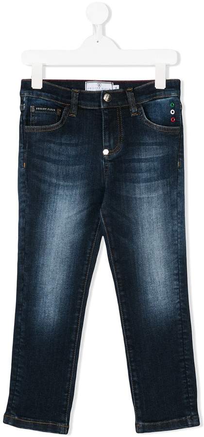Philipp Plein Junior logo appliqué faded jeans