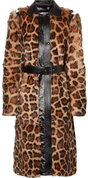 Oversized Glossed Leather-trimmed Leopard-print Shearling Coat - Brown