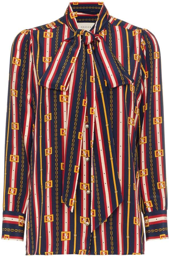 bow detail chain print silk shirt