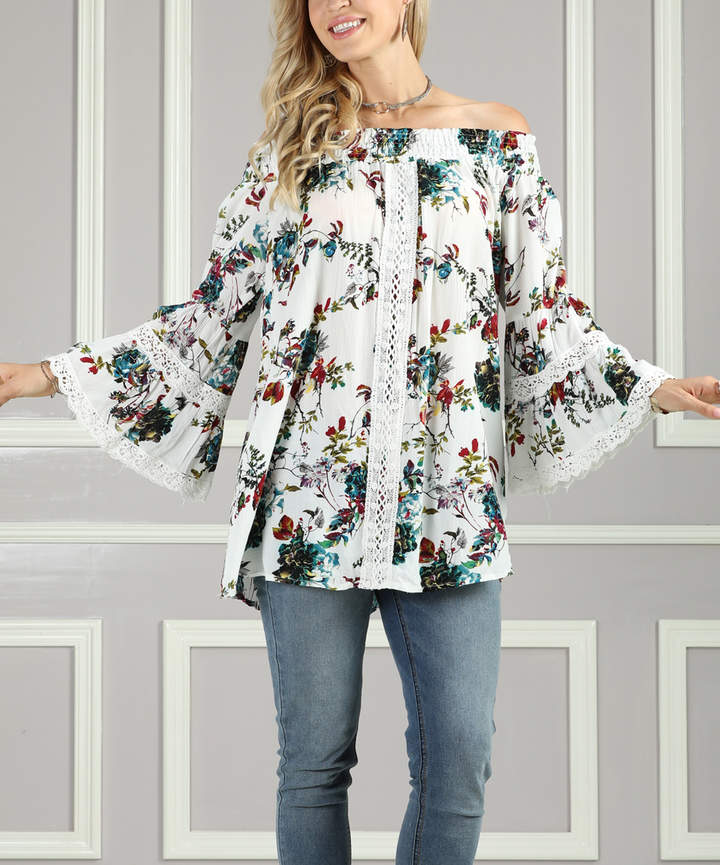 White Floral Crinkle Off-Shoulder Tunic - Women & Plus