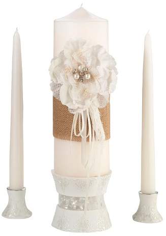 3pc Burlap & Lace Candle Set White/Cream