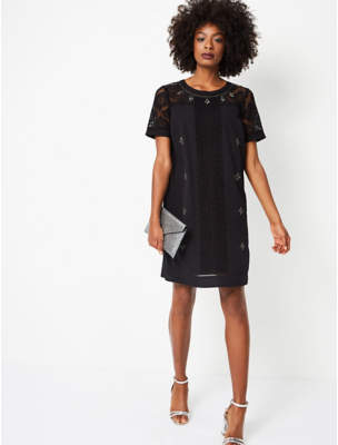 Black Crochet Embellished Tunic Dress
