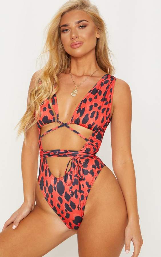 Red Leopard Cut Out Wrap Around Swimsuit