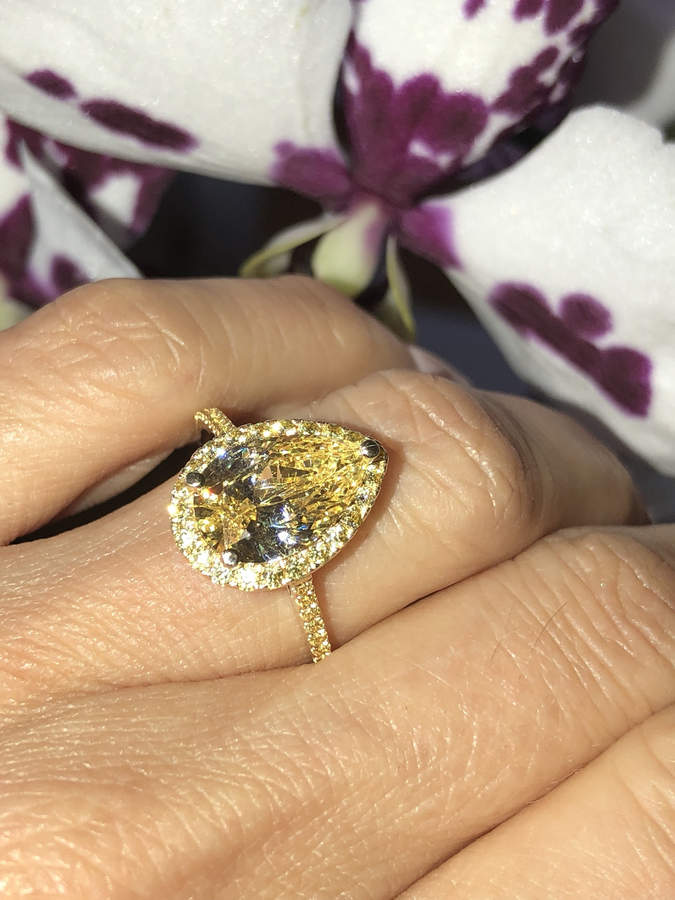 Etsy Pear Shape yellow diamond Wedding Ring 14k yellow Gold yellow diamond halo CZ ring Classic Halo Ring