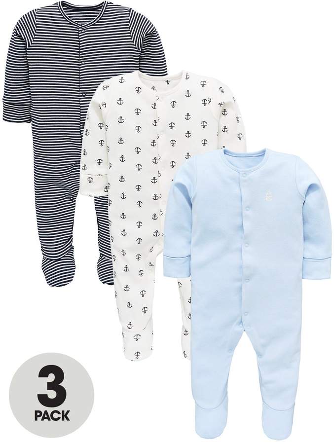 Mini V by Very Baby Boys Stripe & Anchor 3 Pack Sleepsuits