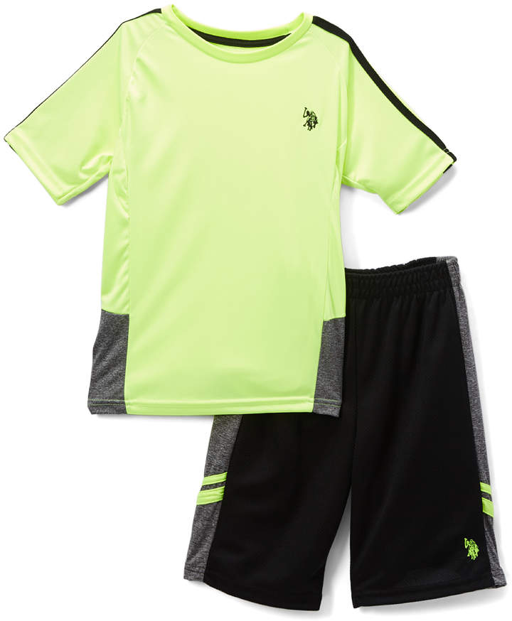 Neon Yellow Tee & Black Stripe Athletic Shorts - Boys