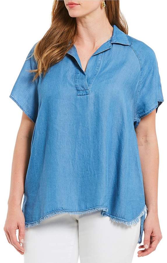 Chelsea & Theodore Plus Size Short Sleeve Frayed Hi-Low Hem Top