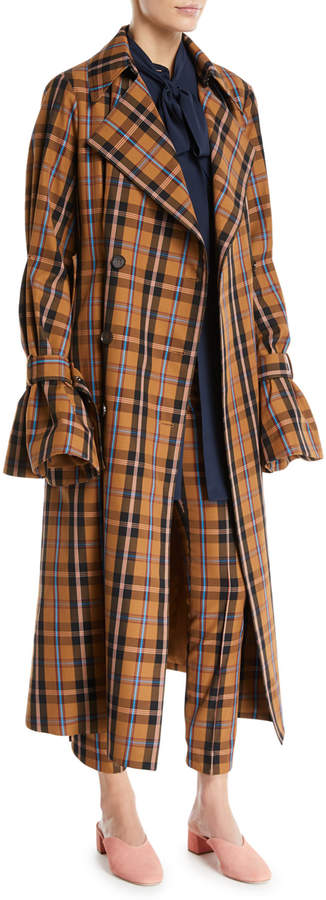 Rokh Double-Breasted Flare-Sleeve Plaid Check Trench Coat