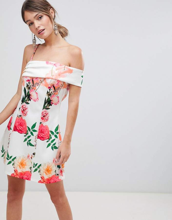 DESIGN Asymmetric Strap Floral A Line Mini Dress