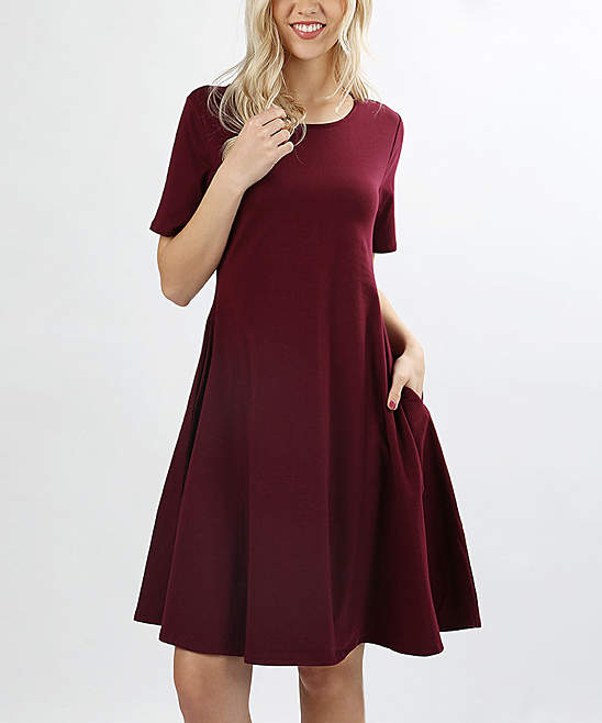 Dark Burgundy Pocket A-Line Dress - Plus