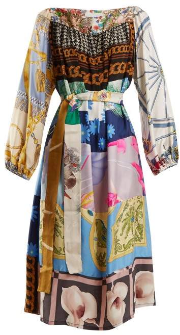 RIANNA + NINA Vintage patchwork scarf-print silk dress