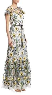 Short-Sleeve Floral-Print Gown