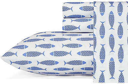 Woodblock Fish Blue Twin Sheet Set
