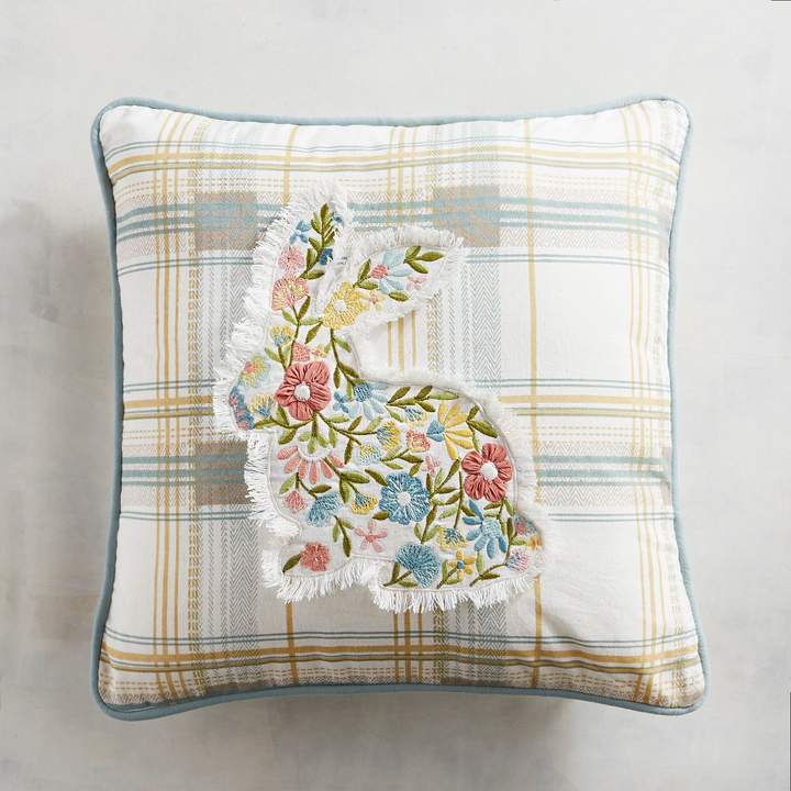 Embroidered Floral Rabbit Plaid Pillow
