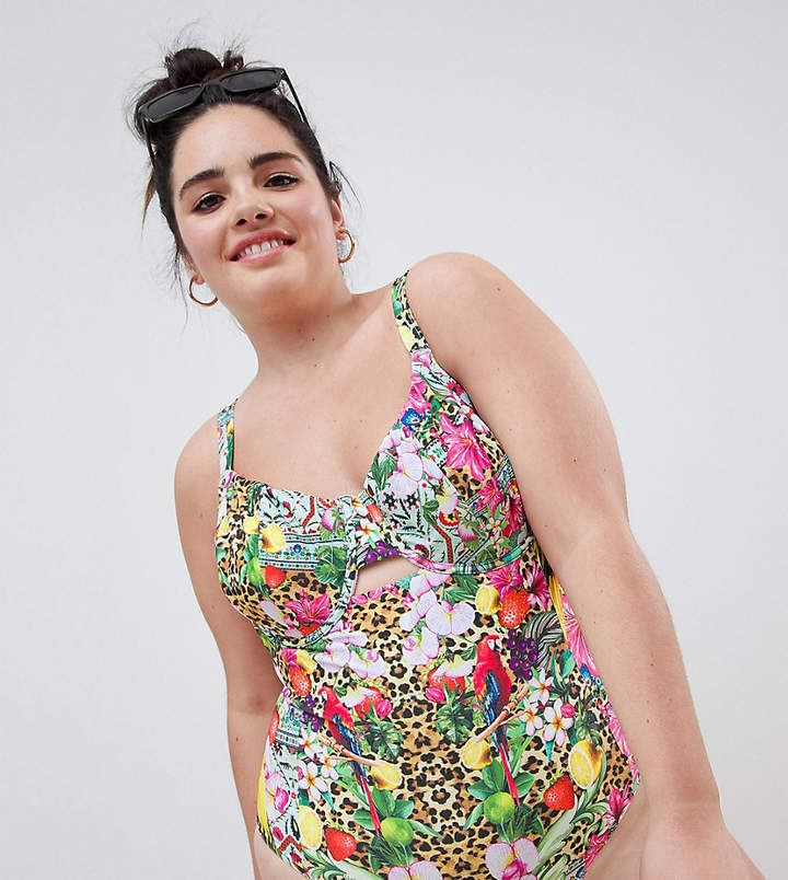 DESIGN Curve Underwired Swimsuit In Festival Tropical Print