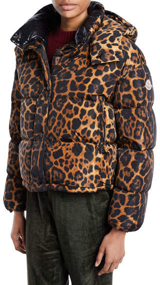 Caille Animal-Print Puffer Coat w/ Removable Hood