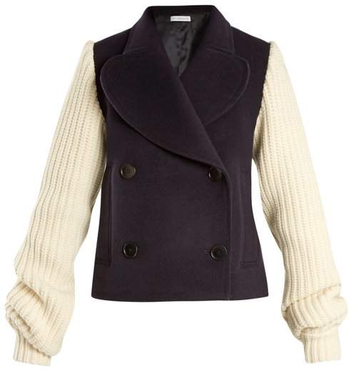 Double-breasted contrast-sleeve wool-blend coat