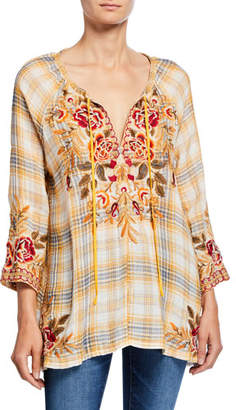 Johnny Was Charlotte Tilos Plaid Tie-Neck Embroidered Peasant Blouse
