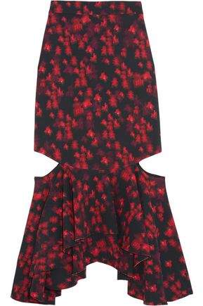Cutout Ruffled Midi Skirt In Floral-Print Stretch-Satin