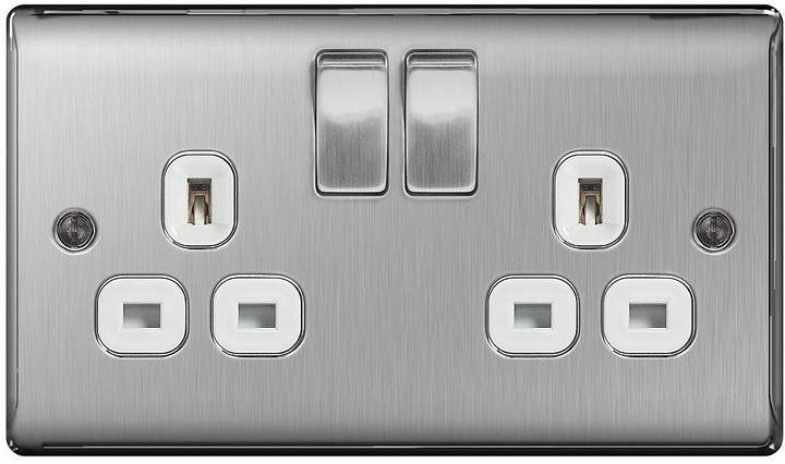 British General Brushed Steel 13A 2G Double Switched Socket