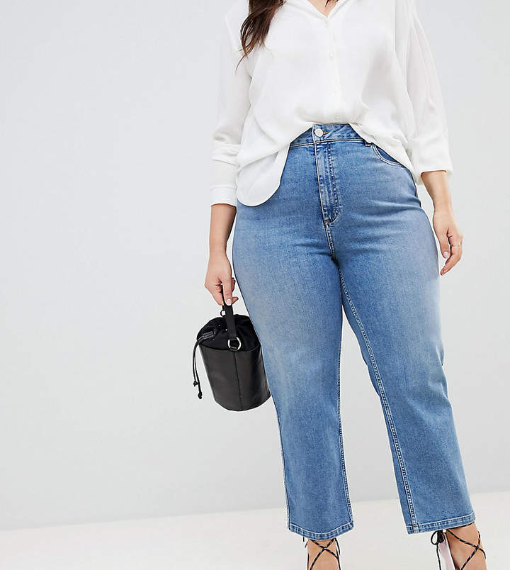 DESIGN Curve Farleigh high waist straight leg jeans in stone wash blue