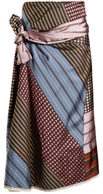 Waist-tie contrasting-print twill skirt