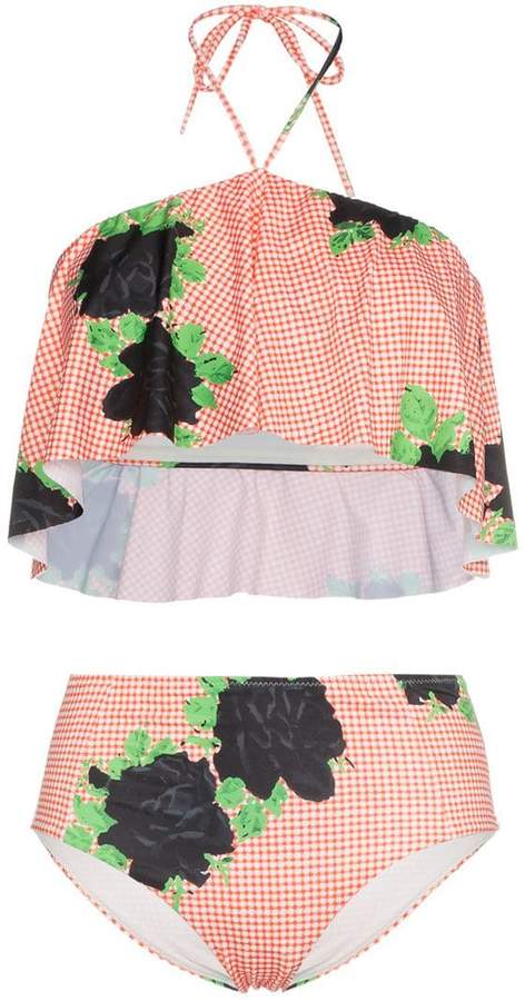 check print high waist bikini with floral print