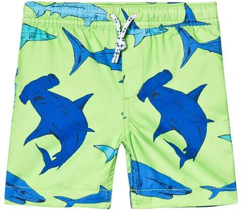 Green Swim Trunks With Blue Shark Print