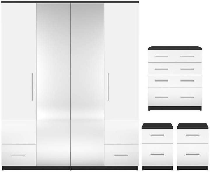 Cologne Gloss 4-Piece Package - 4 Door, 2 Drawer Mirrored Wardrobe, 4 Drawer Chest, 2 Bedside Cabinets