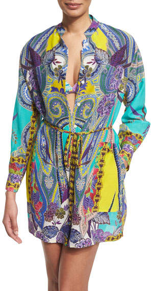 Butterfly Paisley-Print Button-Down Coverup Top