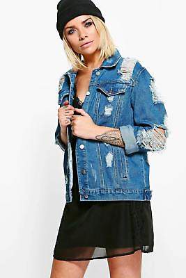 Damen Jodie Übergroße Jeansjacke in extremer Used-Optik in Dunkelblau