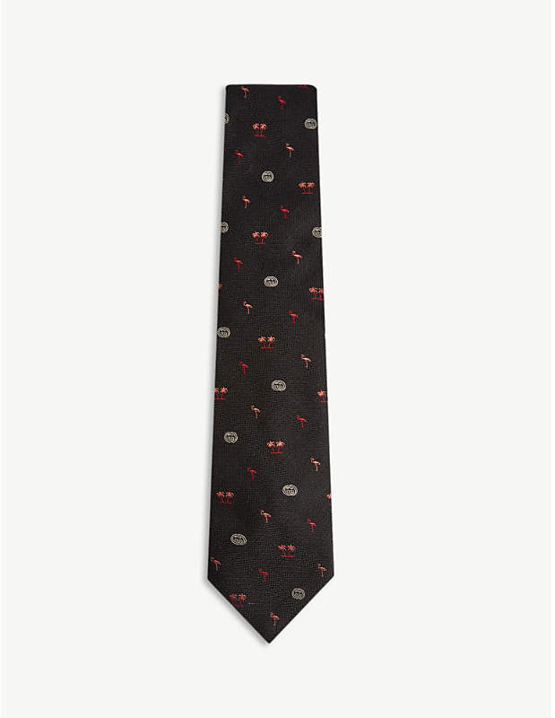 Flamingo-embroidered silk tie