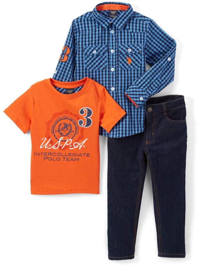 Orange Button-Up, Top and Jeans Set - Infant