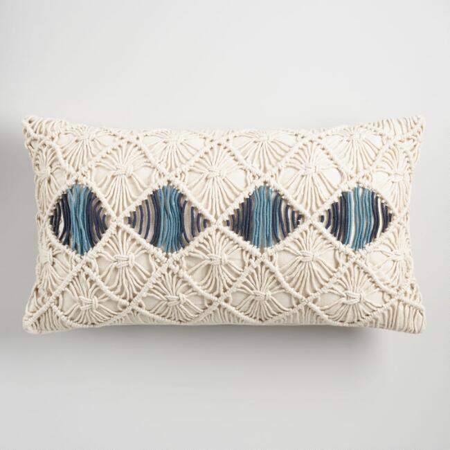 Beige and Blue Macrame Indoor Outdoor Lumbar Pillow
