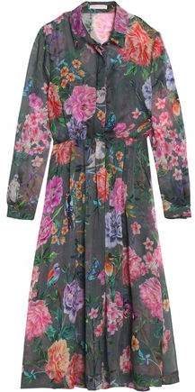 Pleated Floral-Print Silk-Chiffon Midi Shirt Dress