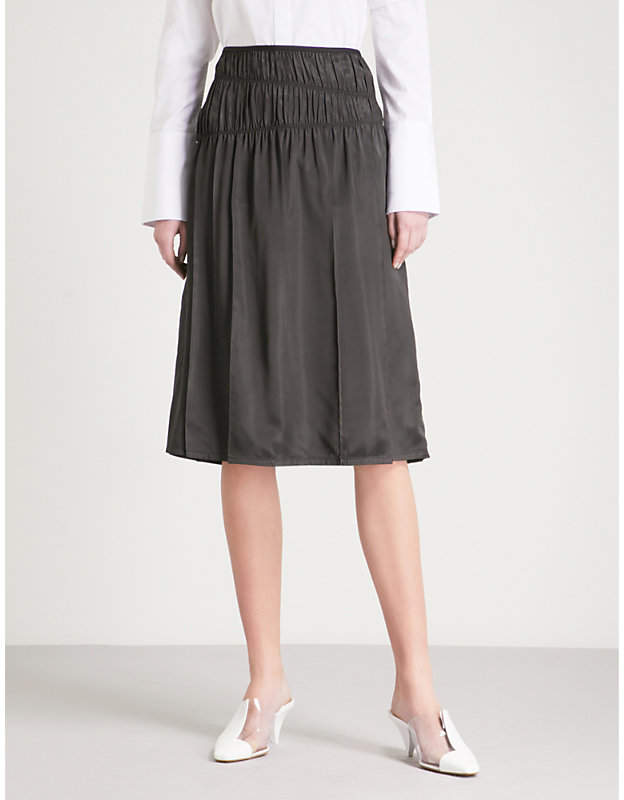 Ruched high-rise satin skirt