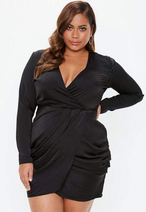 Plus Size Black Satin Wrap Over Ruched Side Dress, Black