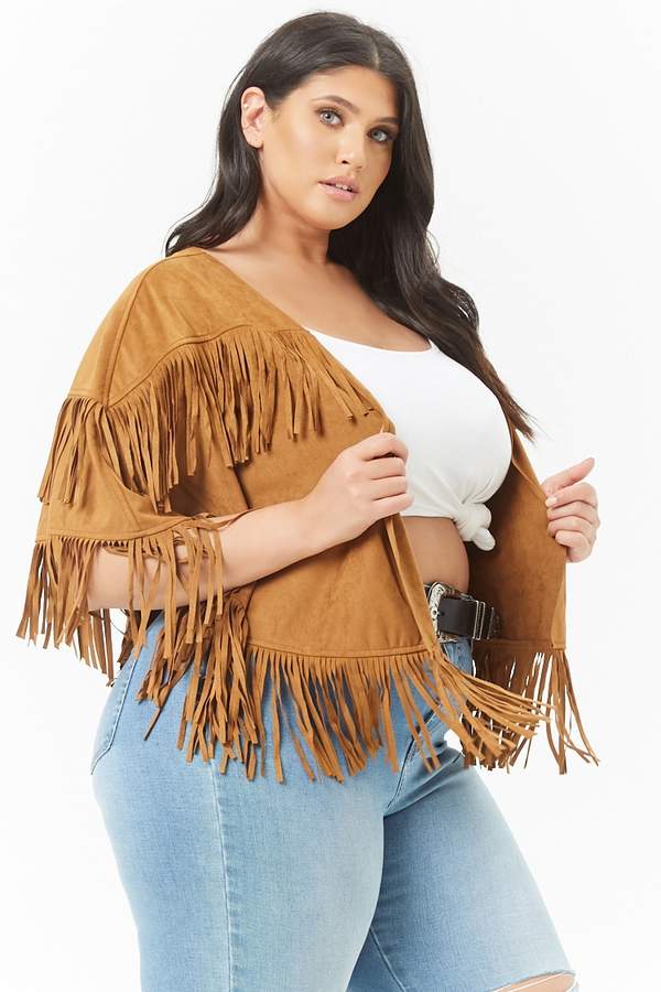 Plus Size Faux Suede Fringe Cape