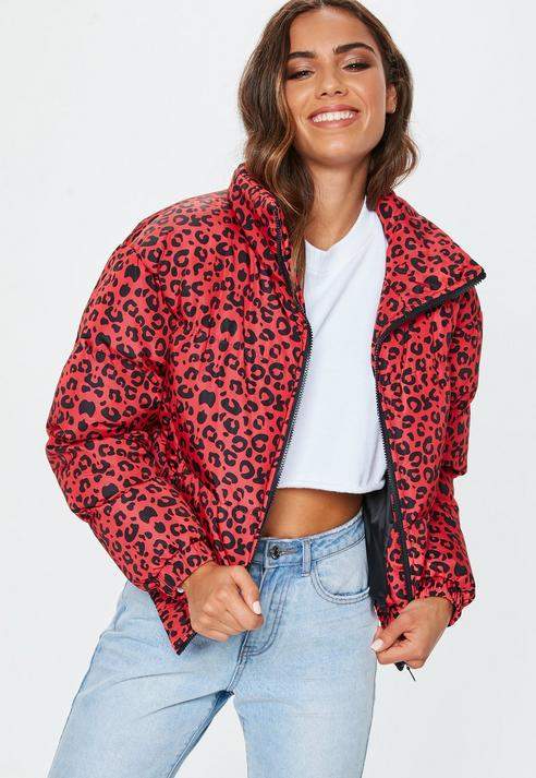 Red Animal Print Puffer Jacket, Red