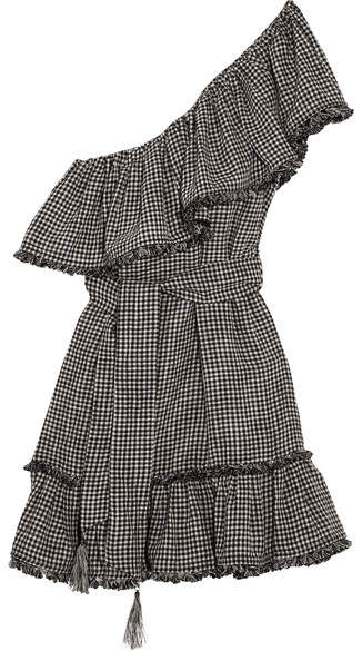 One-shoulder Gingham Linen And Cotton-blend Mini Dress - Black